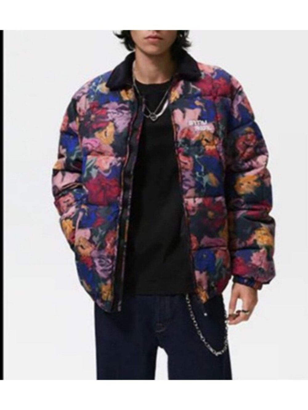 Zara Mens Sz L Floral Puffer Jacket Stay Real Embroidery Corduroy Colla Multicol